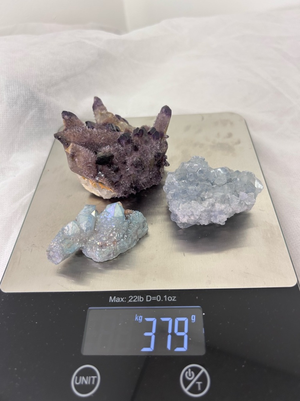 Amethyst, Celestite & Aqua Aura Crystal Cluster Trio - Purple and Light Blue